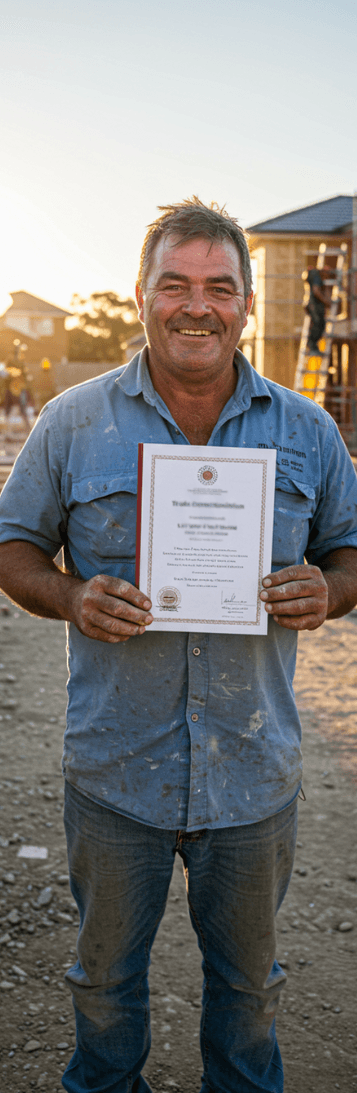 Tradesman recieving qualification from assessor