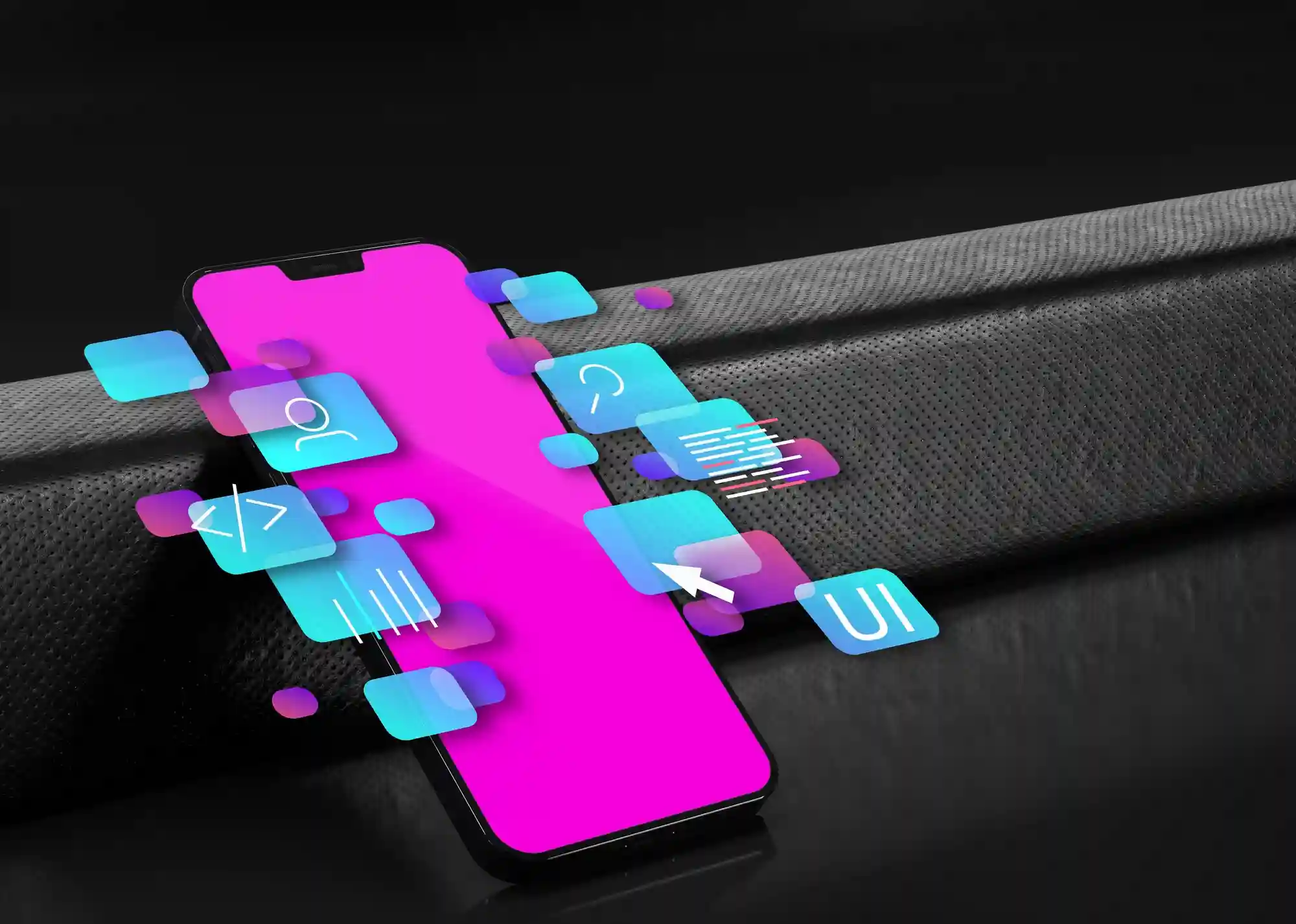 A pink smartphone interface surrounded by floating UI/UX icons and app development elements on a dark textured background.