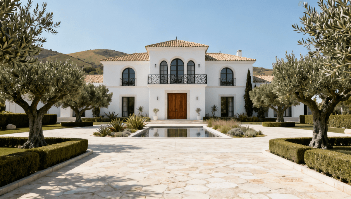 Elegant white Mediterranean villa with symmetrical garden, olive trees, and reflecting pool in front