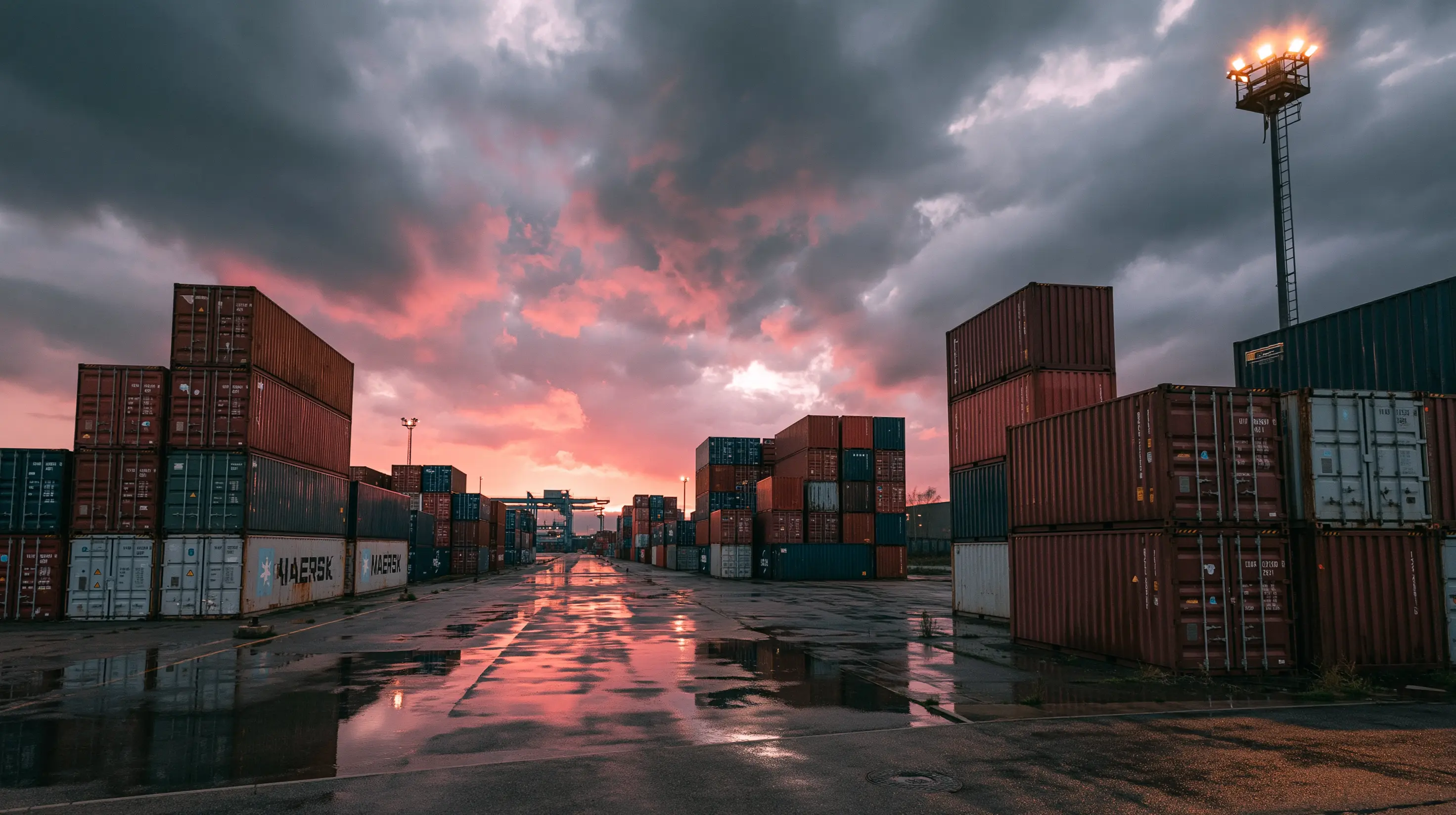An industrial shipping port with rows of intermodal containers stacked high