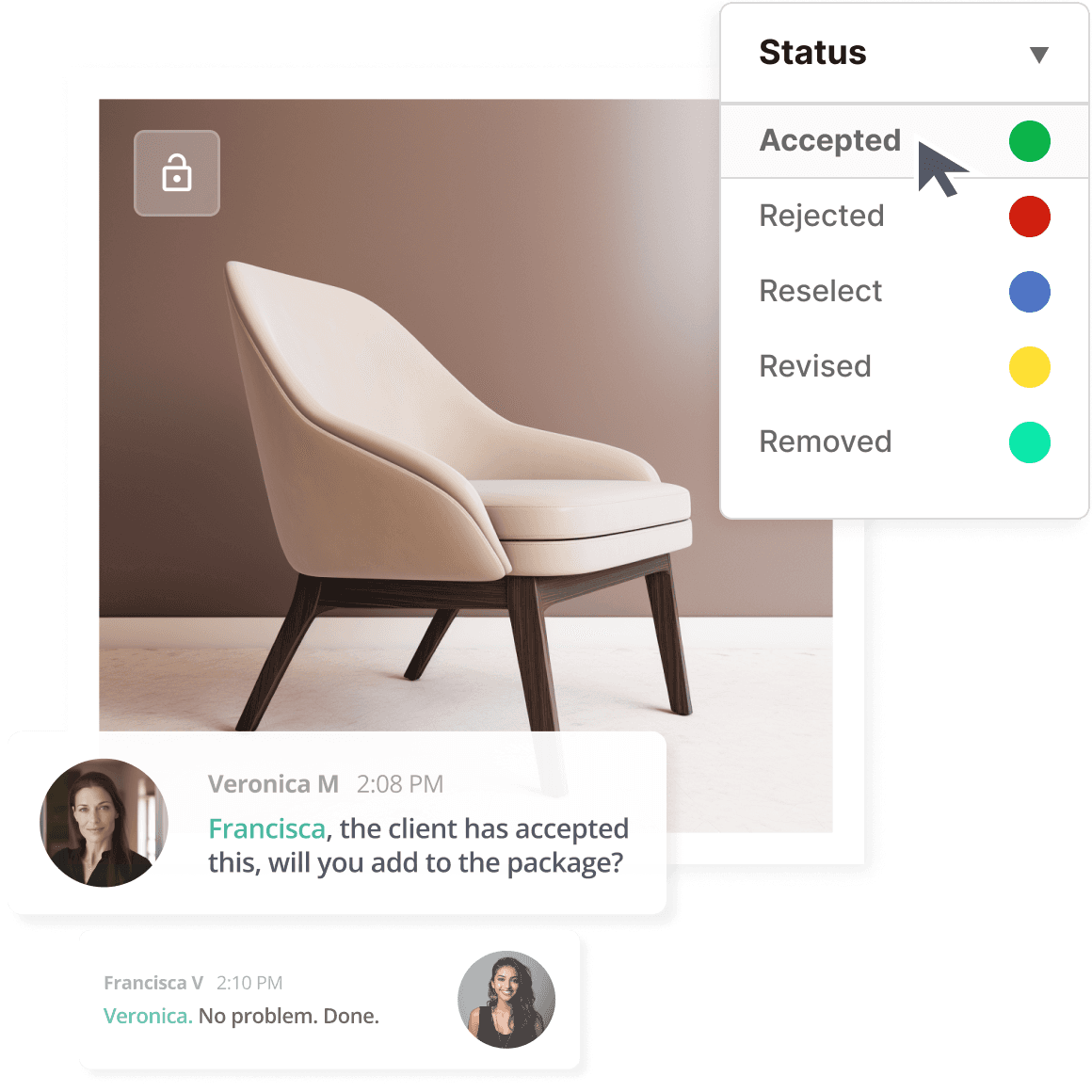 An image of a chair, with various status tags that a user is adding to mark the stage of design development and specification for this selection. Two team members are discussing the item and it's status.