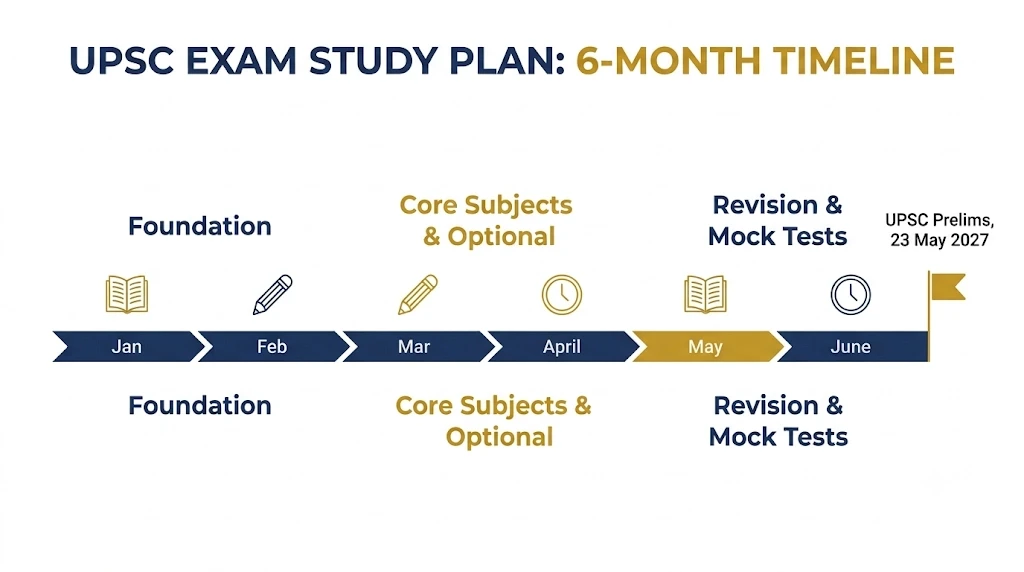 UPSC 2027 six month study plan timeline showing three preparation phase