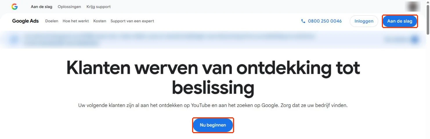 Google Ads: de startpagina met Aan de slag en Nu beginnen