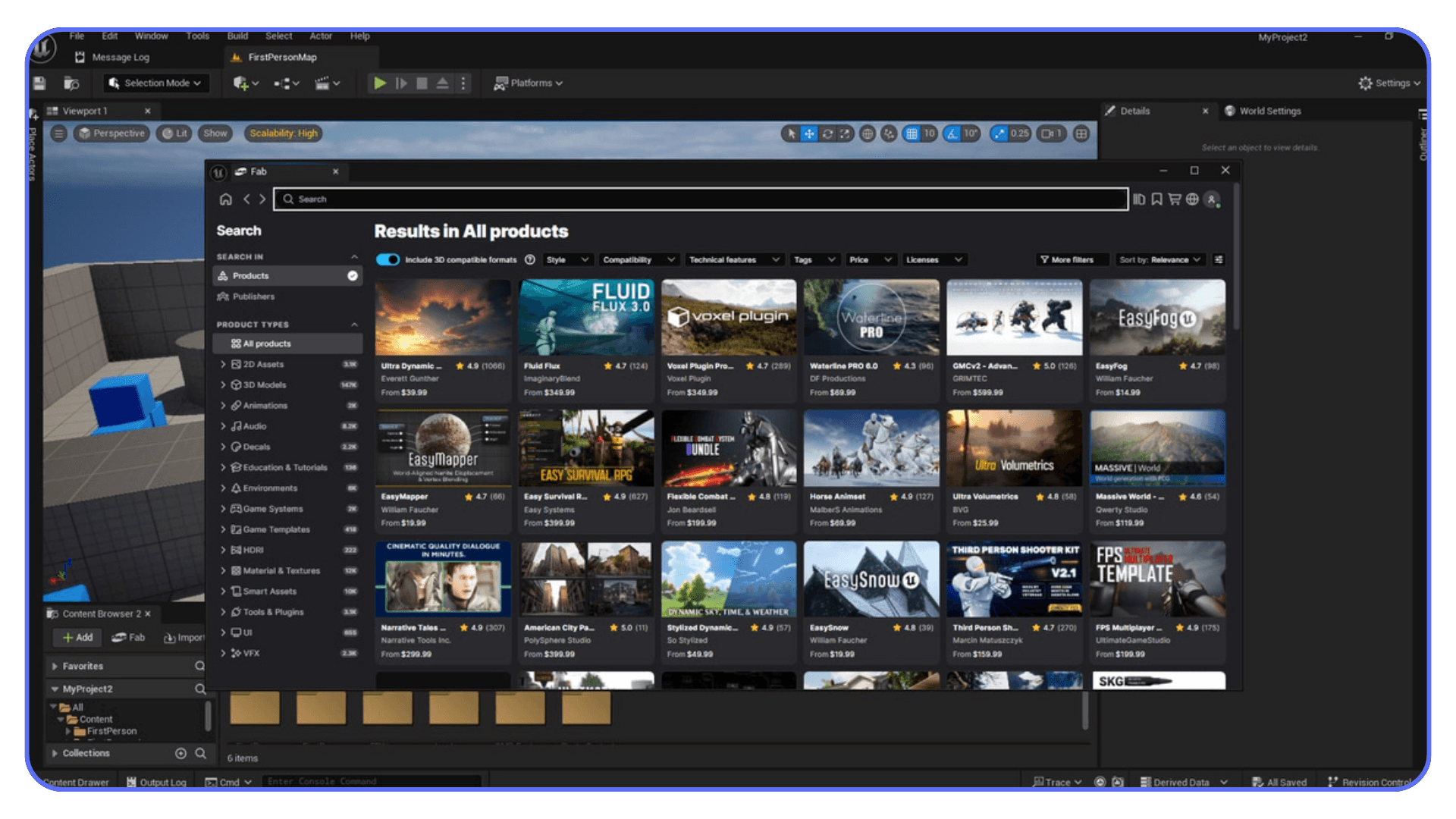 FAB marketplace window open inside Unreal Engine, showing plugins, environments, and asset packs.