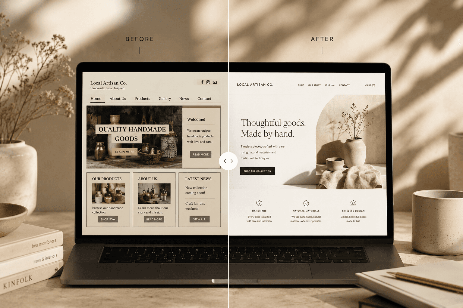 Small business website redesign comparison showing modern premium website upgrade versus outdated business website design