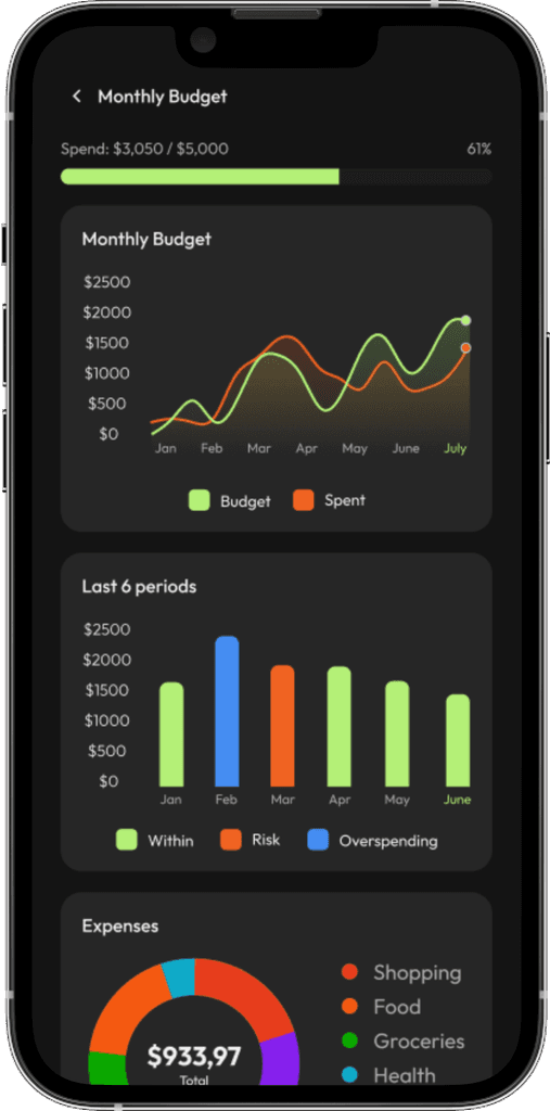 FinTrack app screenshot showing monthly budget tracking