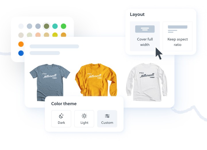 Customize t-shirt designs with different colors and layouts. Choose from various color themes and select between cover full width or keep aspect ratio layouts.