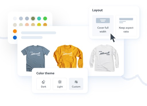 Customize t-shirt designs with different colors and layouts. Choose from various color themes and select between cover full width or keep aspect ratio layouts.