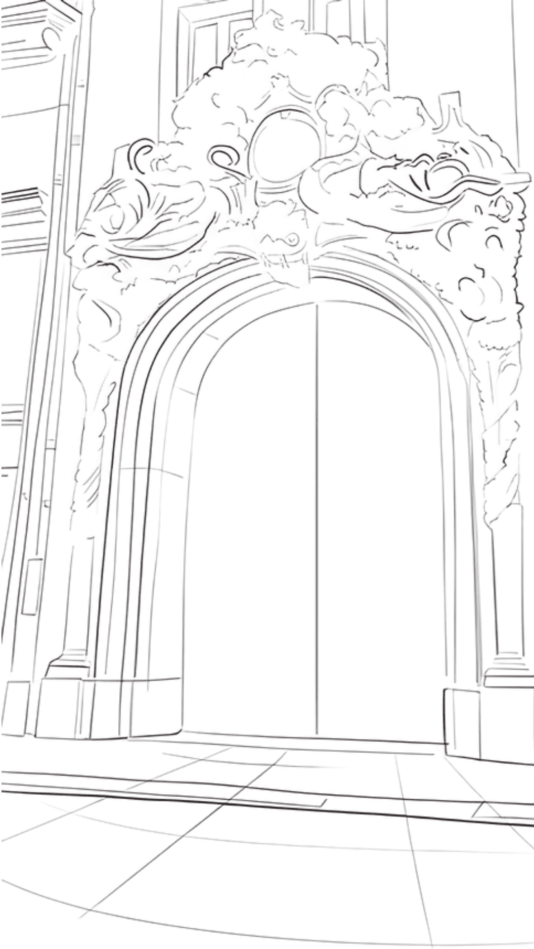 A clean line drawing of a grand, classical arched entrance with double doors, serving as the base for the concept