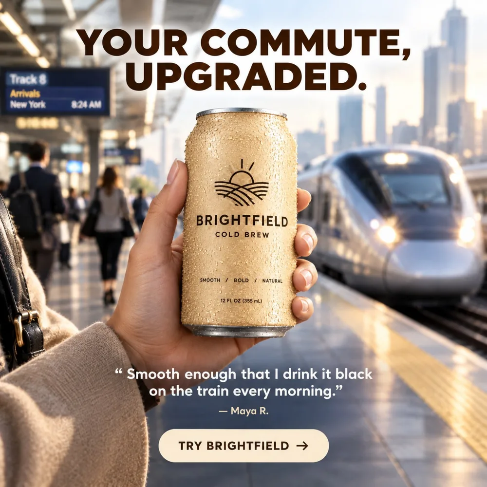 Brightfield Cold Brew demo ad variant on a train platform with the headline Your commute, upgraded
