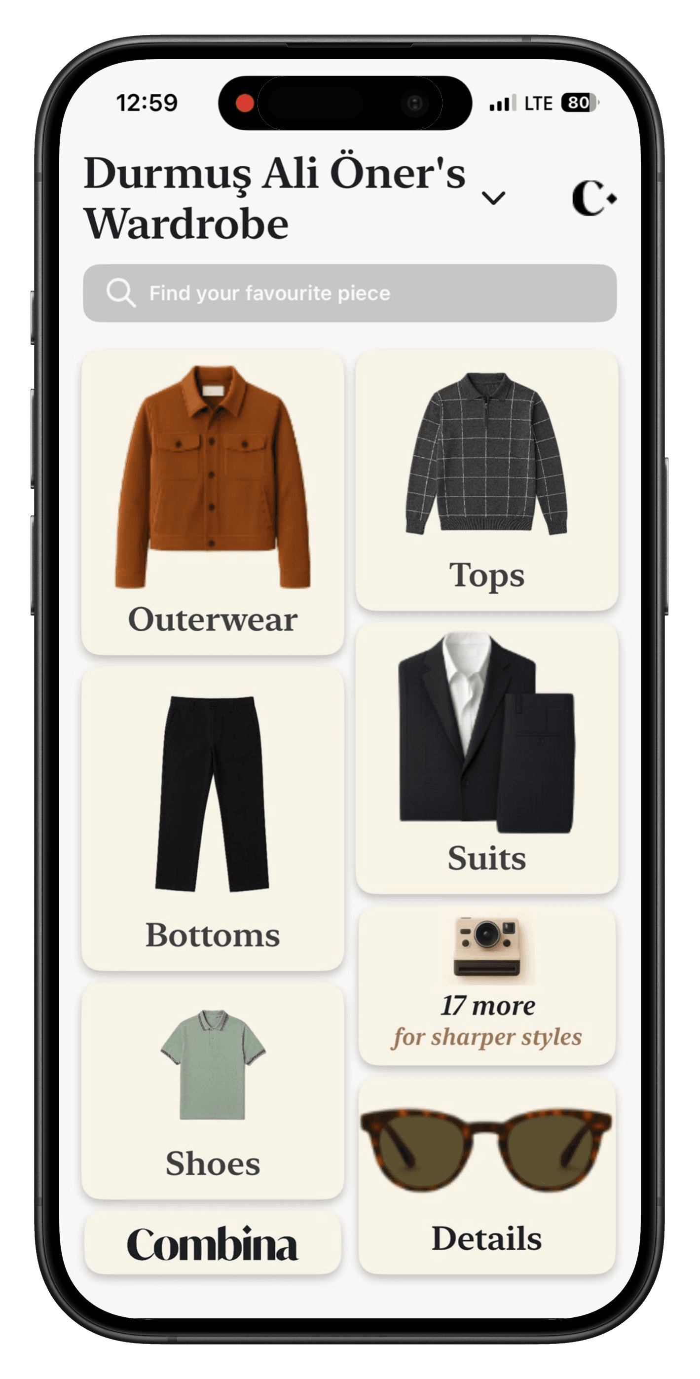 Combina wardrobe interface displaying organized closet categories including bottoms, suits, shoes, and accessories.
