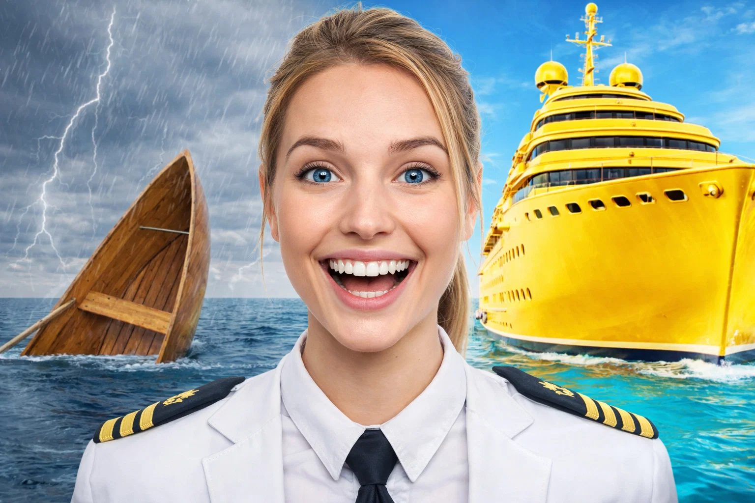 Captain smiling with luxury yacht and sinking boat in stormy seas