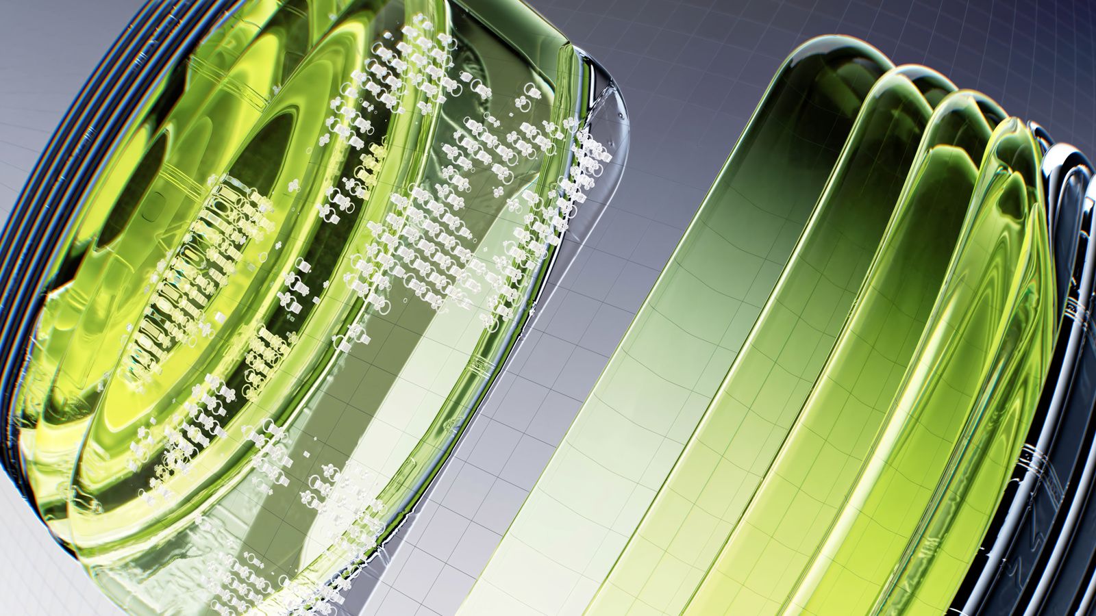 Abstract rendering of green glass channels curving through a dark field