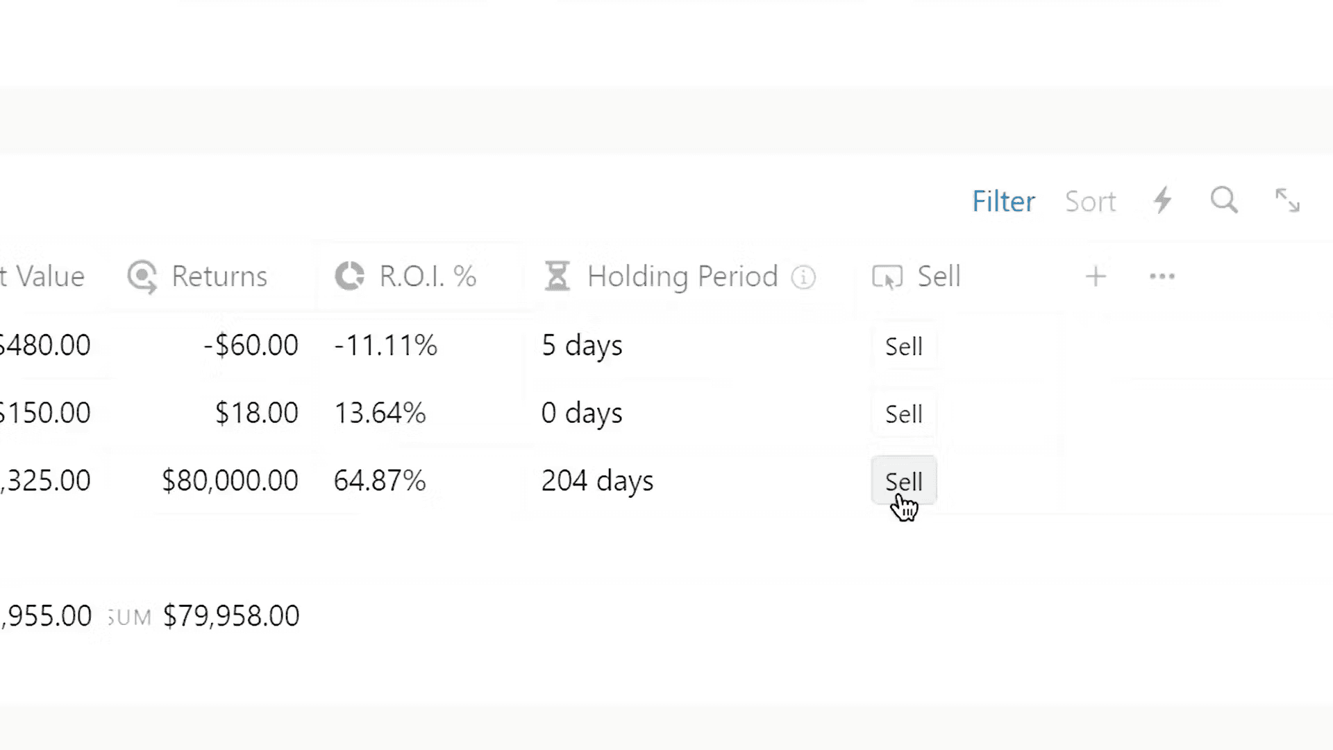 Image of Notion Investment Tracker's Sell Section