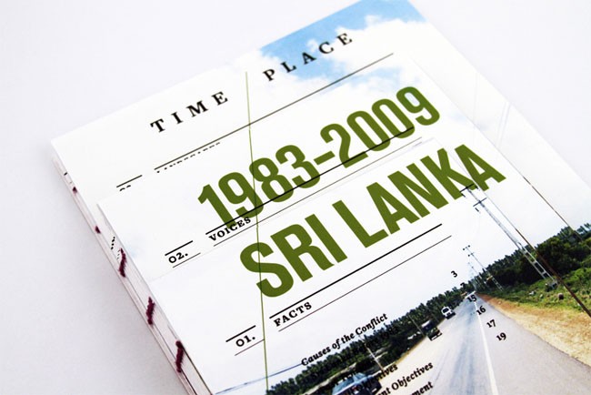 The image shows a book titled "Time Place Sri Lanka 1983-2009," with “VOICES” and “FACTS” labeled on the cover. The cover features a photograph of a highway with vehicles and a landscape with trees and vegetation. The book’s spine is visible on the left side, and the cover is resting on a white surface.