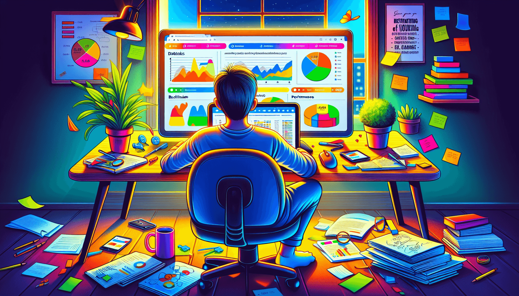 An illustration of a person analyzing backlinks using DataView tools.