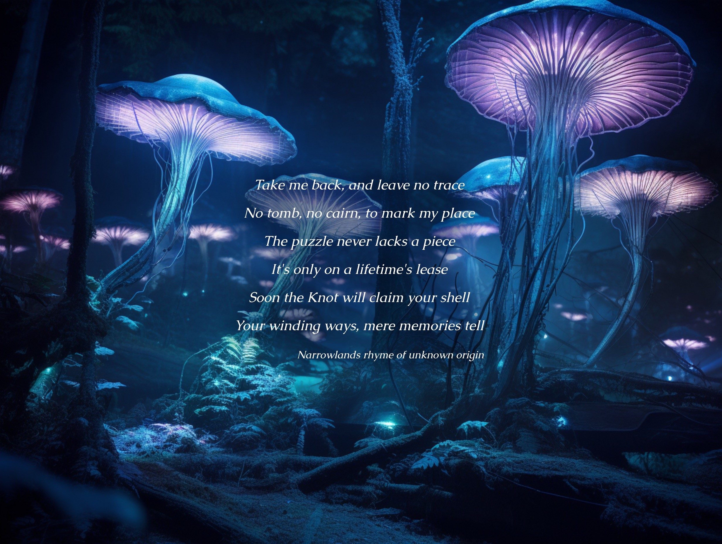 Giant mushrooms growing in a cave.  They glow purple and blue casting an eerie light.