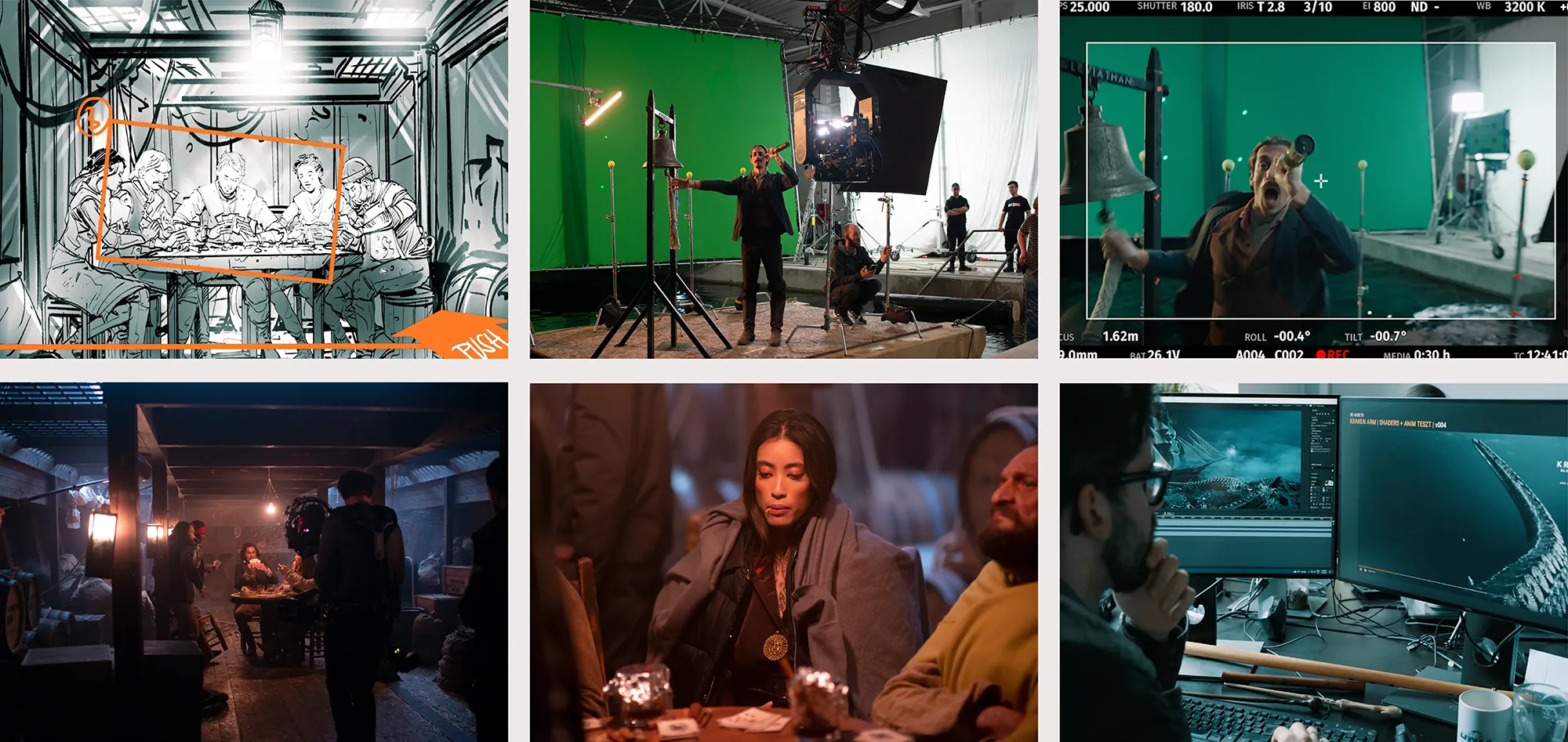 6 images showing the making of Kraken Rum TVC, from sketches to green screen filming, to VFX on a computer