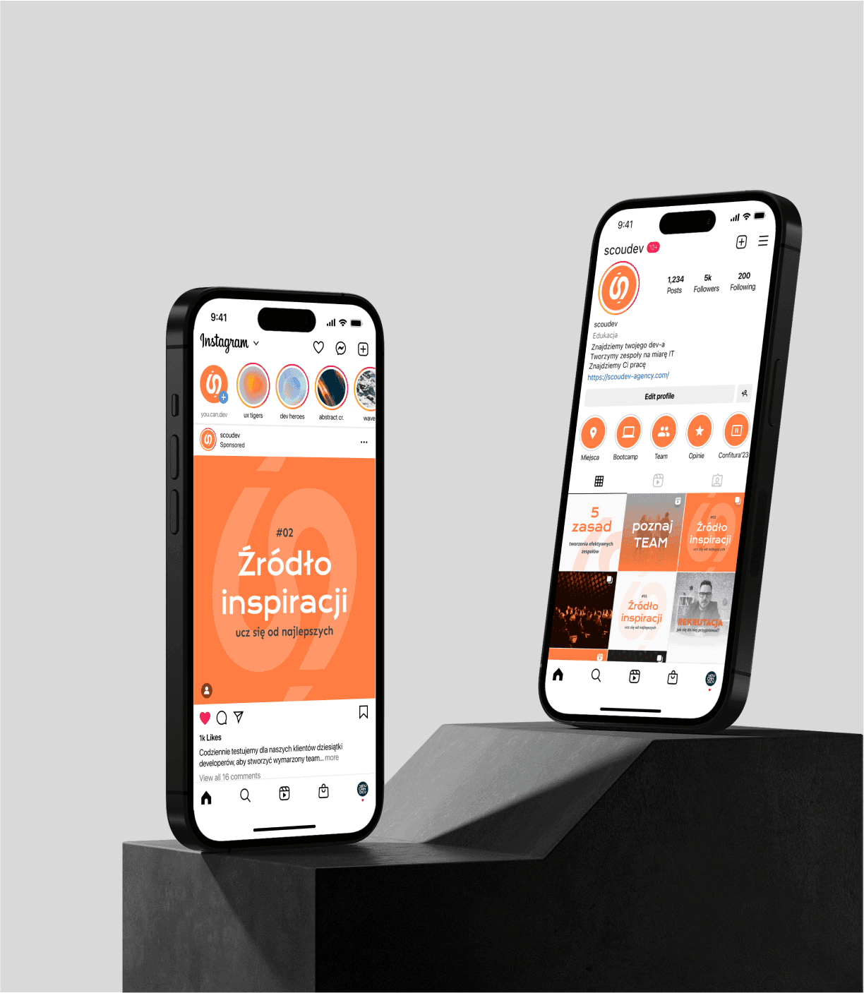Scoudev logo on a mobile display with an Instagram feed and post.