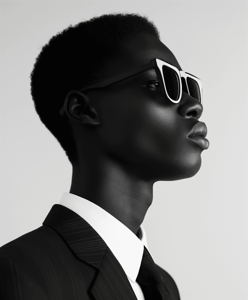 Side-profile Black person in suit and glasses, looking upward, plain white background.