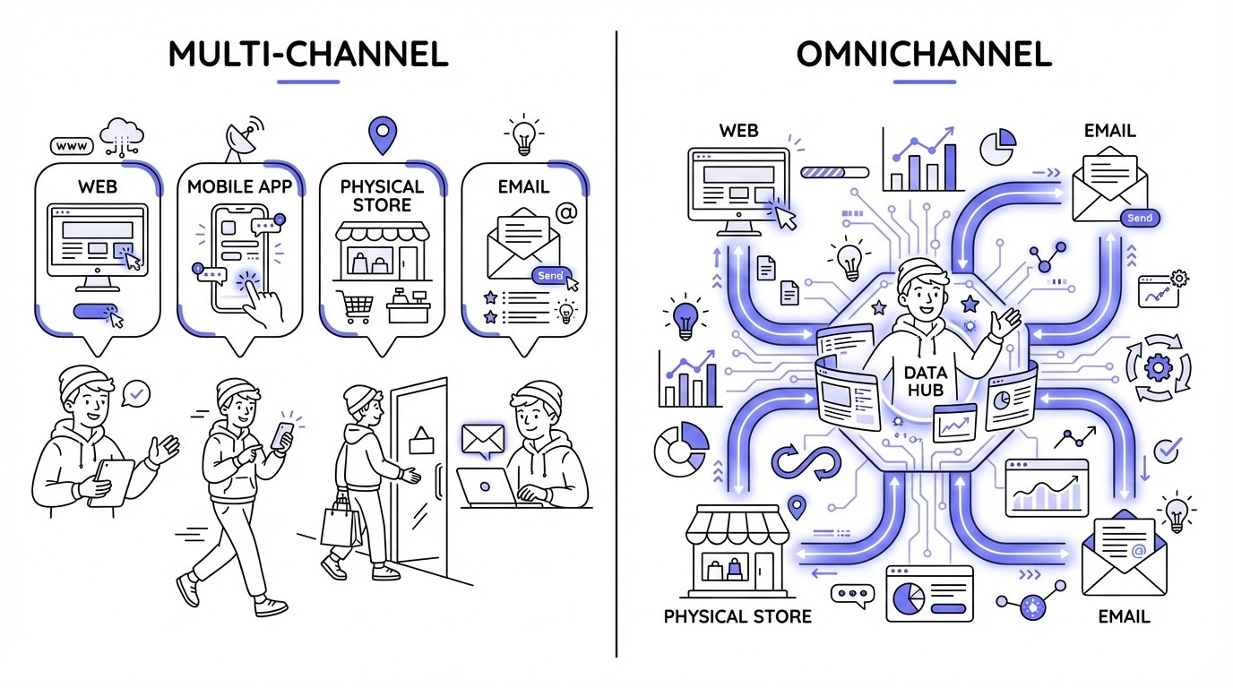 Infographic comparing multi-channel and omnichannel strategies. Multi-channel is depicted as separate, disconnected customer touchpoints, while omnichannel shows all touchpoints seamlessly integrated around a central customer.
