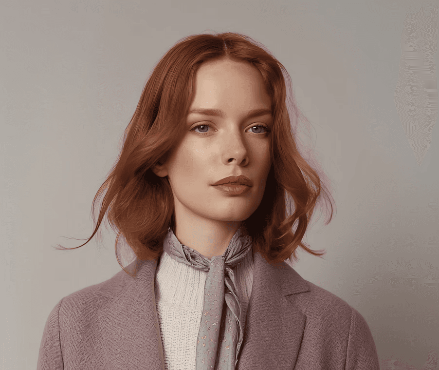 A woman with red hair wears a lavender coat and a white sweater, accessorized with a gray scarf. She has a calm expression against a neutral background.