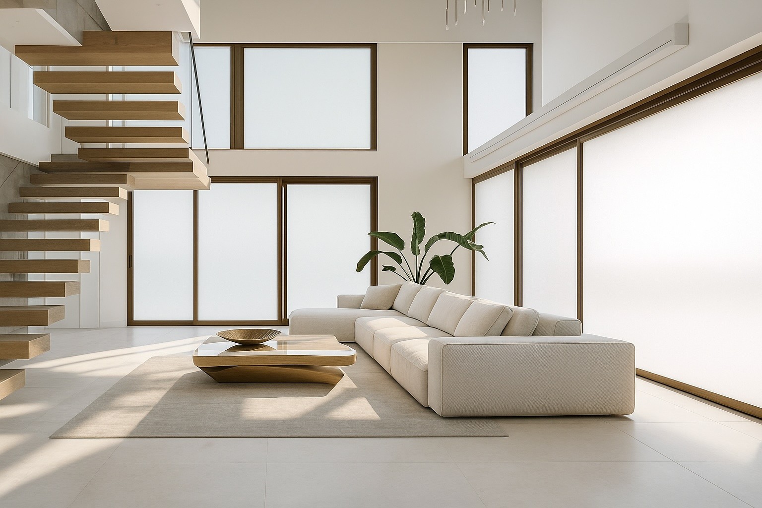Modern house interior with smart film on its windows