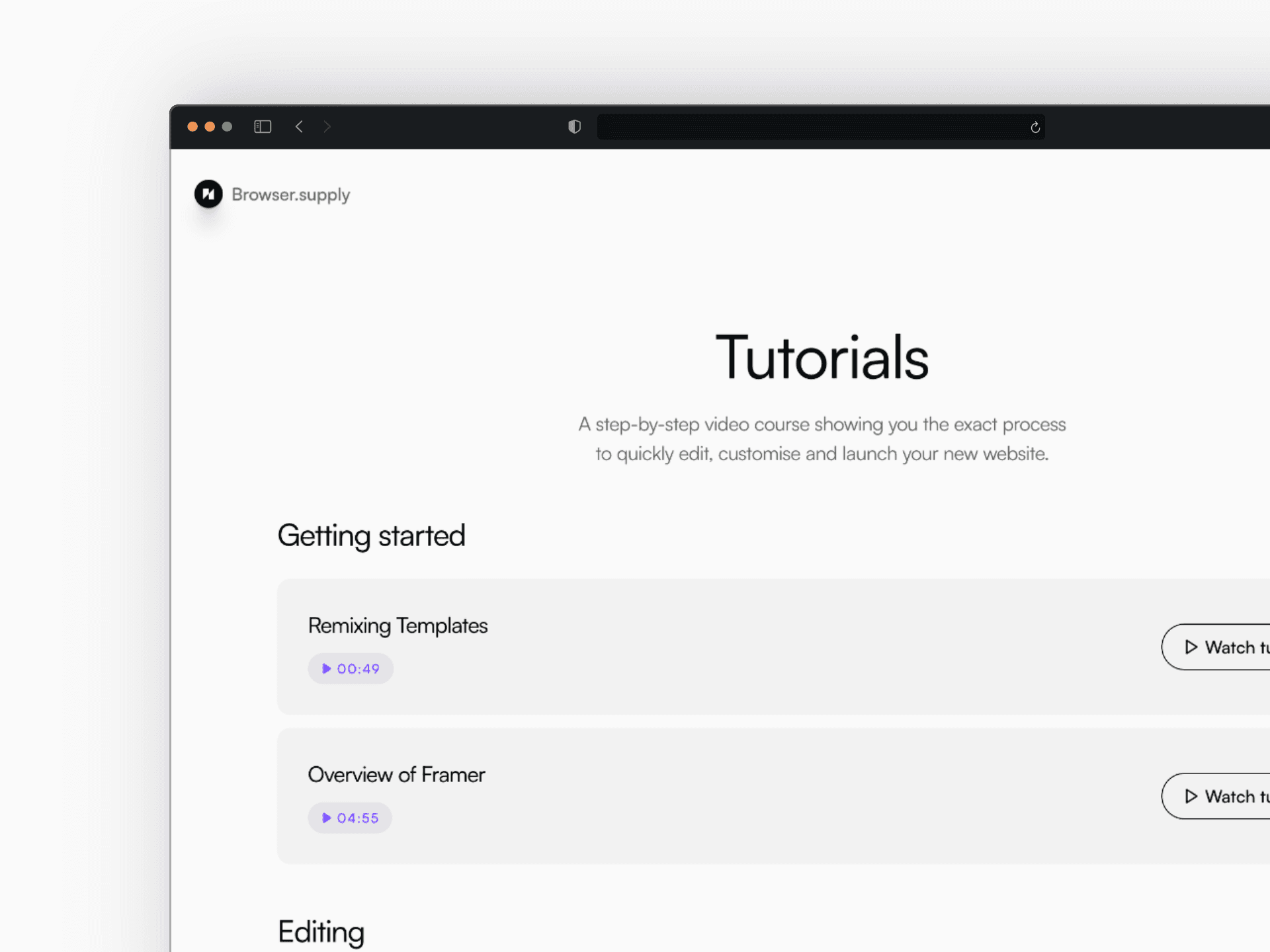 Framer Template Tutorials Page