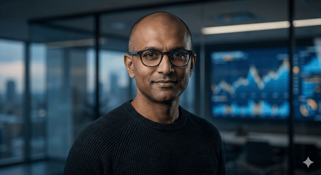 Bald man with glasses in a black sweater in front of a financial chart on a screen.