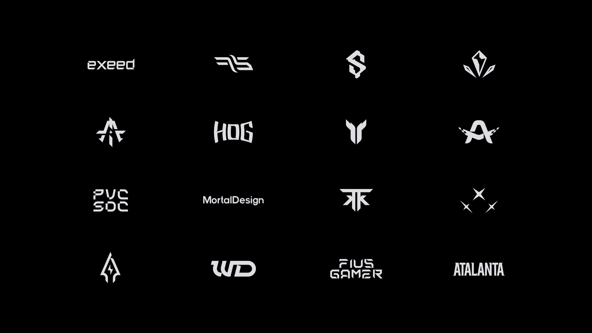 Logos Vol.01 — selection of custom marks and wordmarks on black