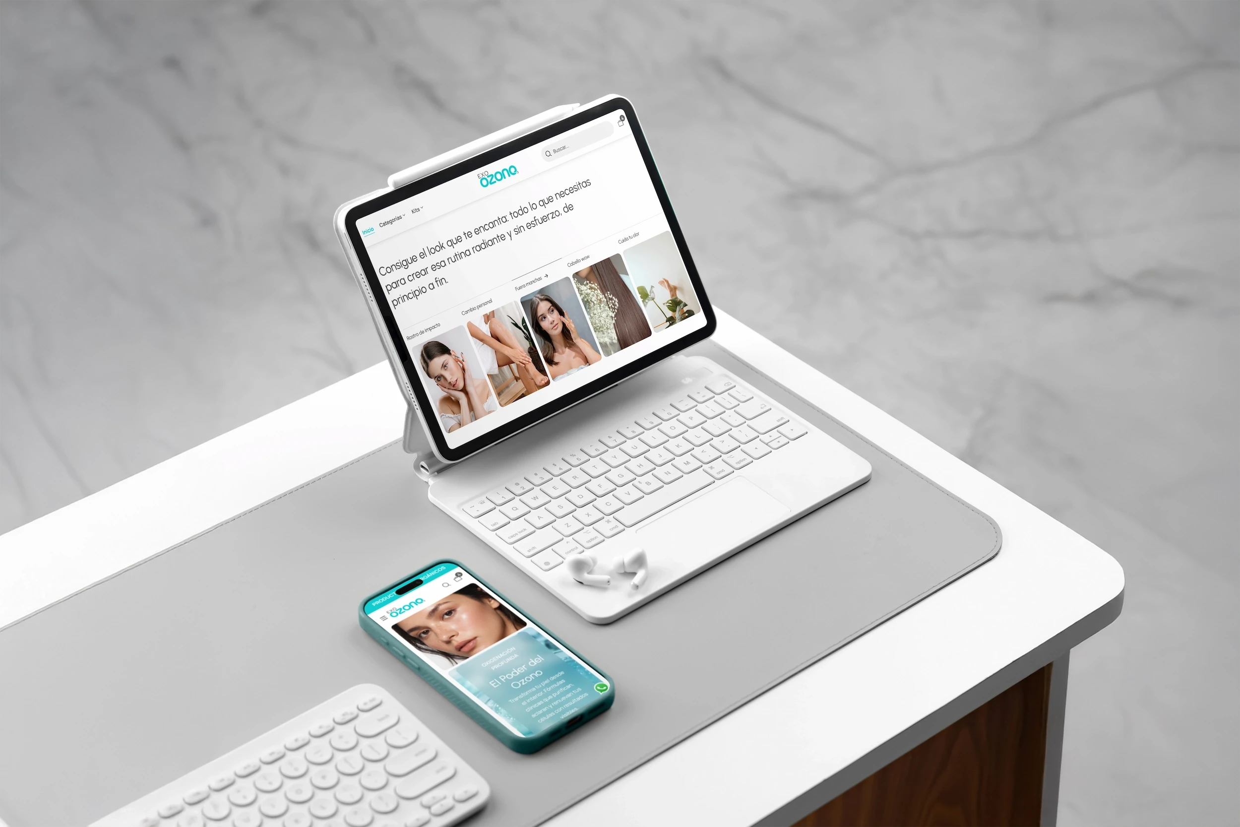 Mockup de tablet y móvil mostrando la tienda en línea de la marca Exo Ozono