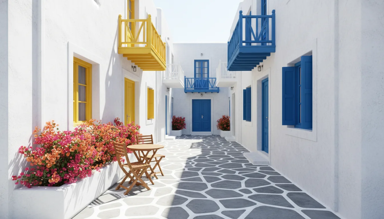 DSLR photograph of an architectural visualization depicting a stylized, sun-drenched Greek courtyard alleyway, rendered in the style of Revit. The scene is dominated by pristine white stucco buildings with bold, colorful accents: a vibrant yellow balcony and doors on the left, and vivid blue doors, shutters, and balconies on the right. The ground is paved with a unique pattern of large, irregular grey stones set in white mortar. In the foreground, a white planter box overflows with a profusion of bright pink and orange bougainvillea flowers next to a small wooden bistro table and chairs. The scene is captured with a wide-angle lens under bright, even natural daylight, creating a clean, high-key look with soft shadows and sharp focus throughout.