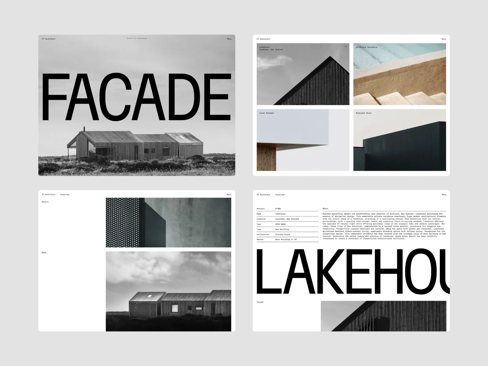 FF Architect Framer template featuring a minimalist architecture portfolio with bold typography and monochrome project imagery