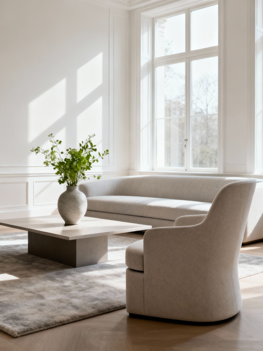 Modern living room with a light sofa, armchair, and coffee table.