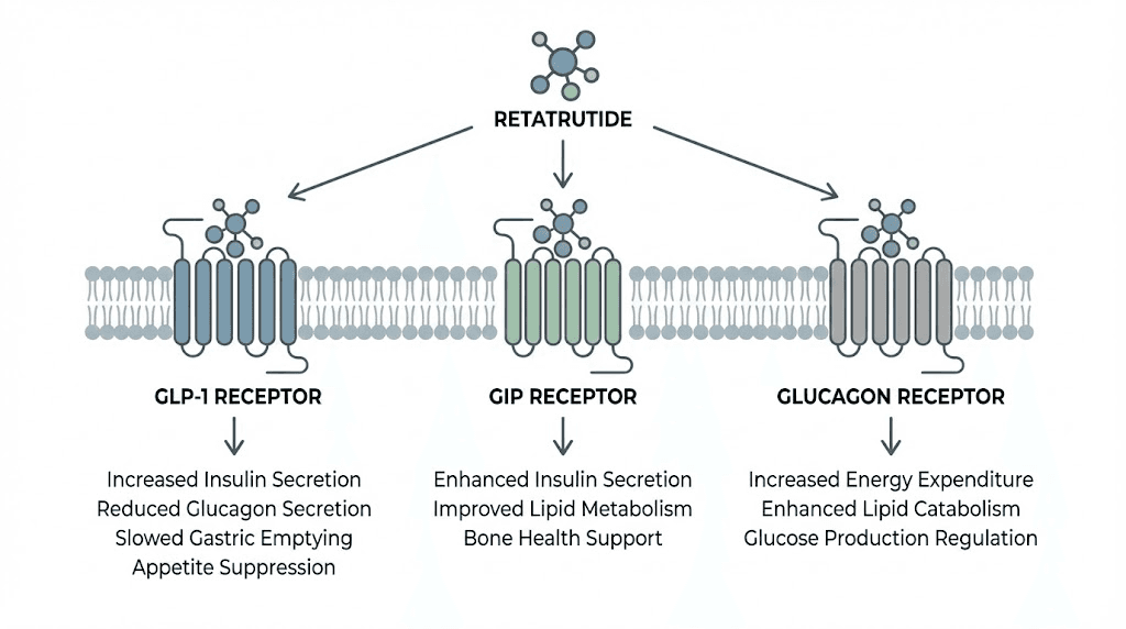 Retatrutide triple receptor agonist mechanism showing GLP-1 GIP and glucagon pathways