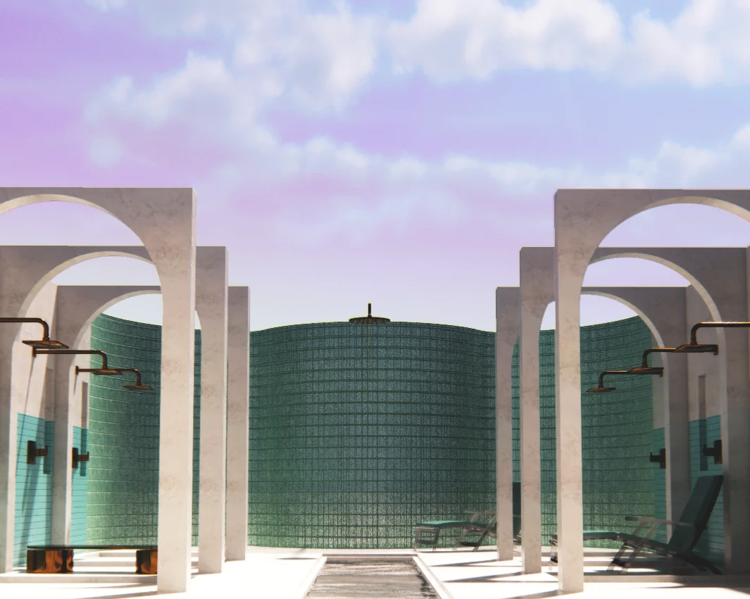 A glazed bathroom with showers on the sides with no roof