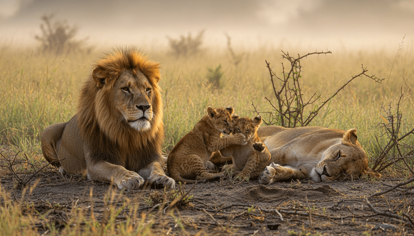 Un lion majestueux se repose aux côtés de sa lionne et de leurs petits, profitant d’un moment de tranquillité en famille.