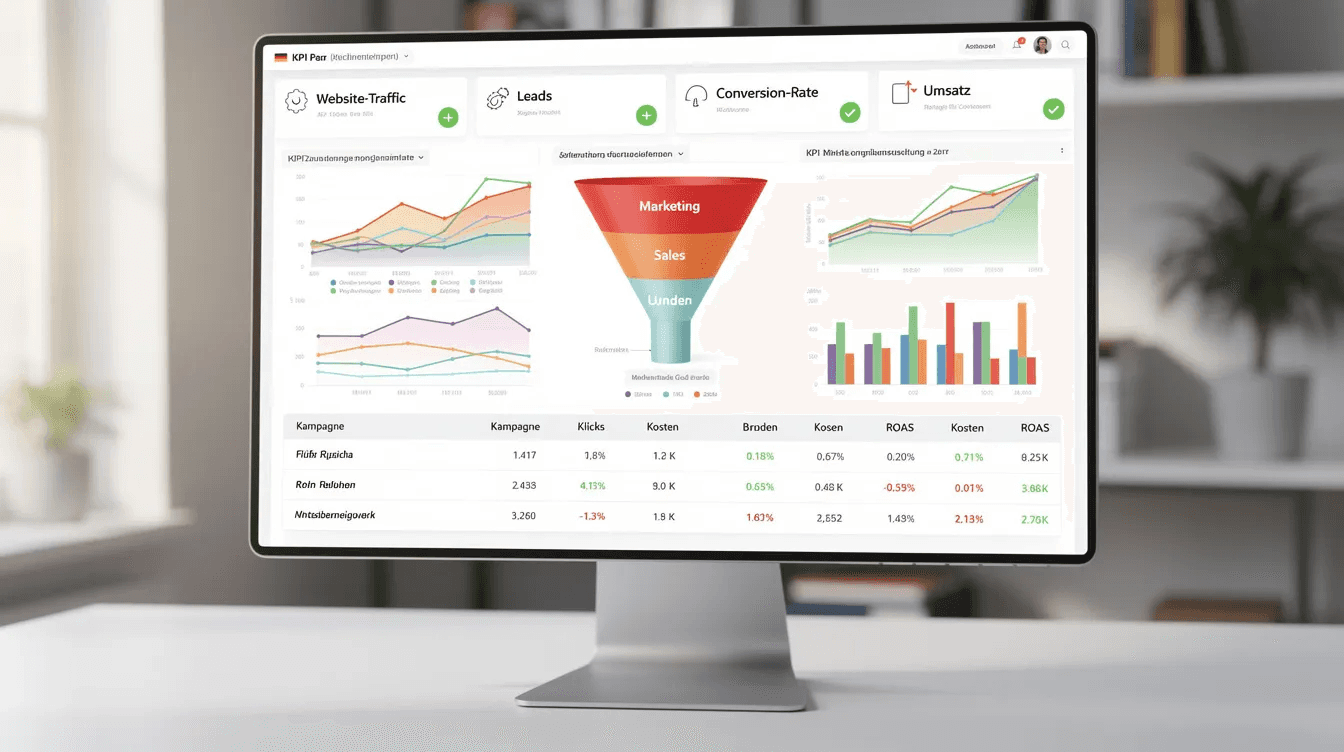 Das Bild zeigt ein Dashboard auf einem Bildschirm, das verschiedene Marketing- und Sales-Metriken für ein B2B-Unternehmen darstellt. Die Daten umfassen Informationen zu Lead-Scoring, Marketingkampagnen und Vertriebsprozessen, die zur Optimierung der Effizienz und Automatisierung in der Kundenbeziehung beitragen.