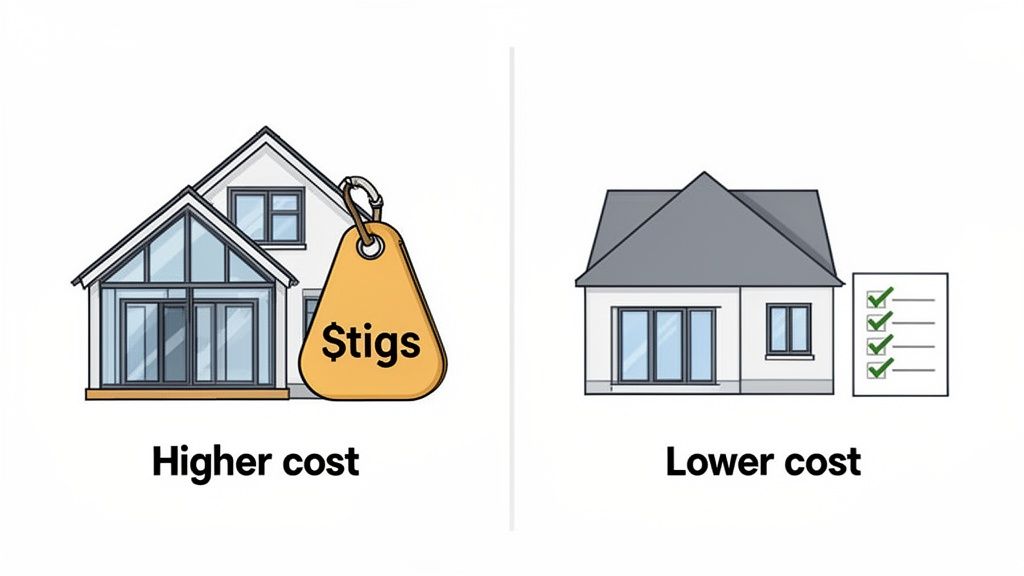 Two houses demonstrating higher and lower building costs, one with an extension and price tag, the other simple.