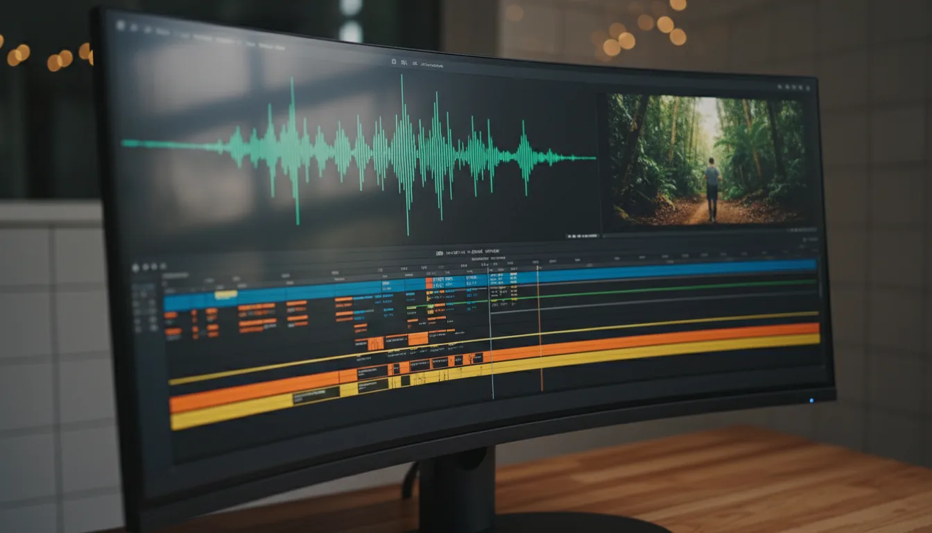 DSLR photograph, close-up angled shot of a dark mode video editing software interface on a curved widescreen monitor. The UI features a large, vibrant teal green audio waveform at the top, a video preview panel on the right displaying a cinematic clip of a person in a tropical forest, and a complex multi-track editing timeline below with numerous colorful clips. The shot has a shallow depth of field, with the screen in sharp focus and the background showing a blurred wooden desk and a tiled wall with soft bokeh. Lit by soft, natural daylight creating subtle screen reflections.
