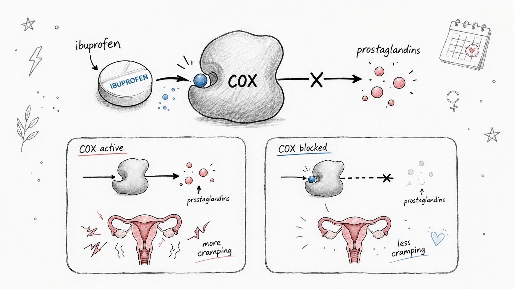 A diagram illustrating how ibuprofen blocks COX enzymes to reduce prostaglandin production and relieve period cramping pain.