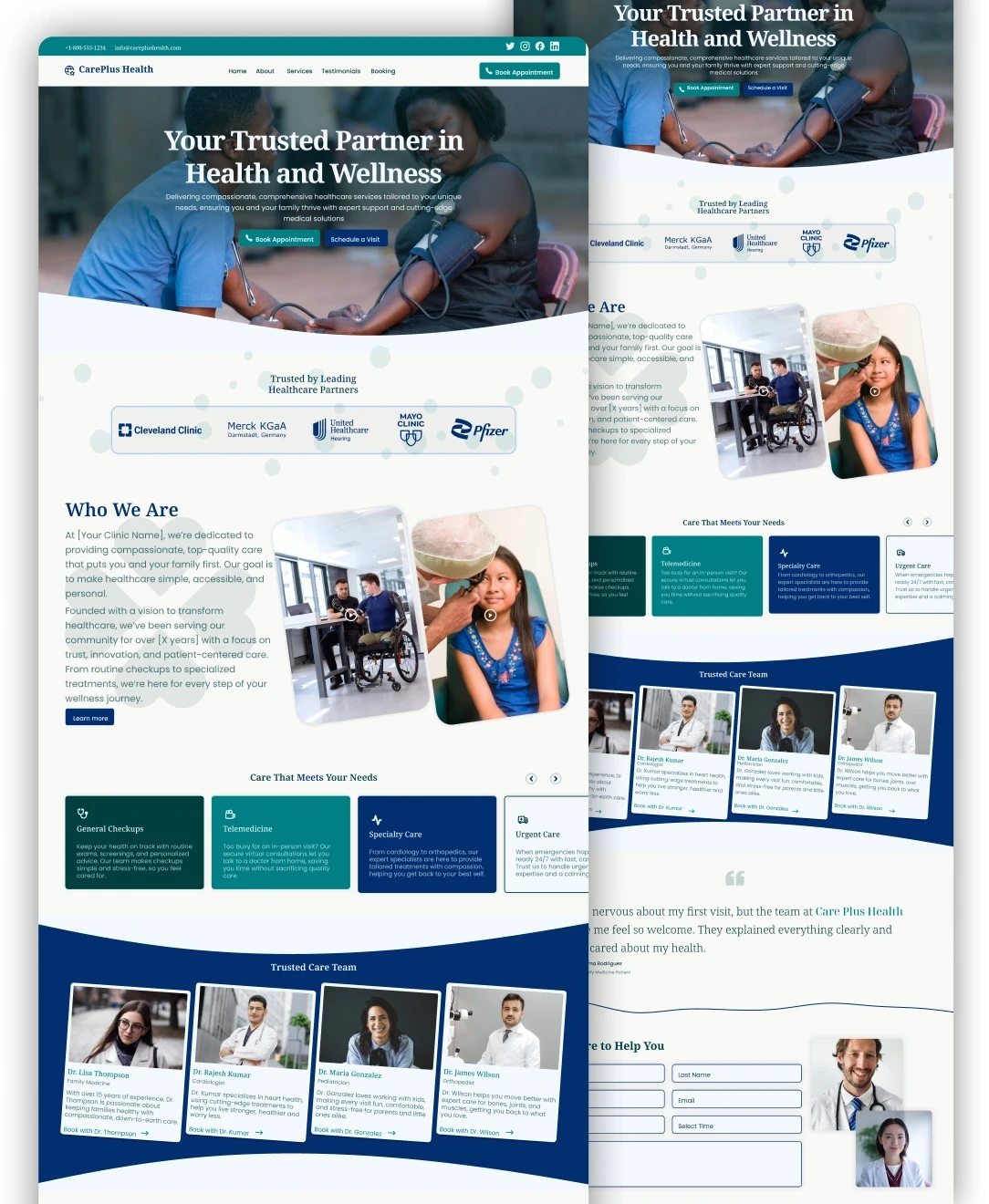 This image displays the homepage of a healthcare website, highlighting services and partnerships with medical organizations, featuring images of diverse professionals, patient testimonials, and a contact form for inquiries, promoting health and wellness.