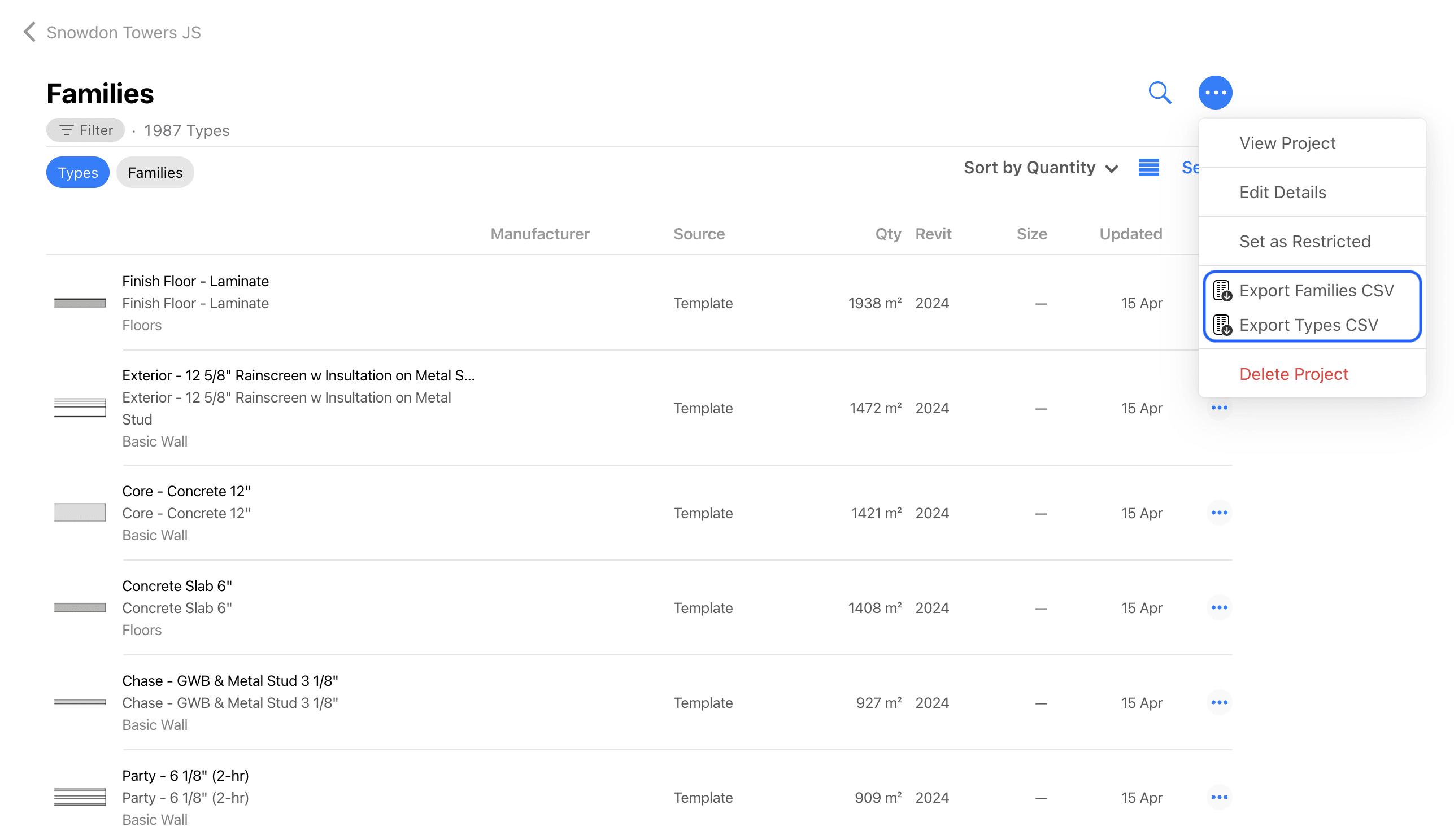 Click the More button from the Families page of a model or project to export a CSV of loaded families or types.