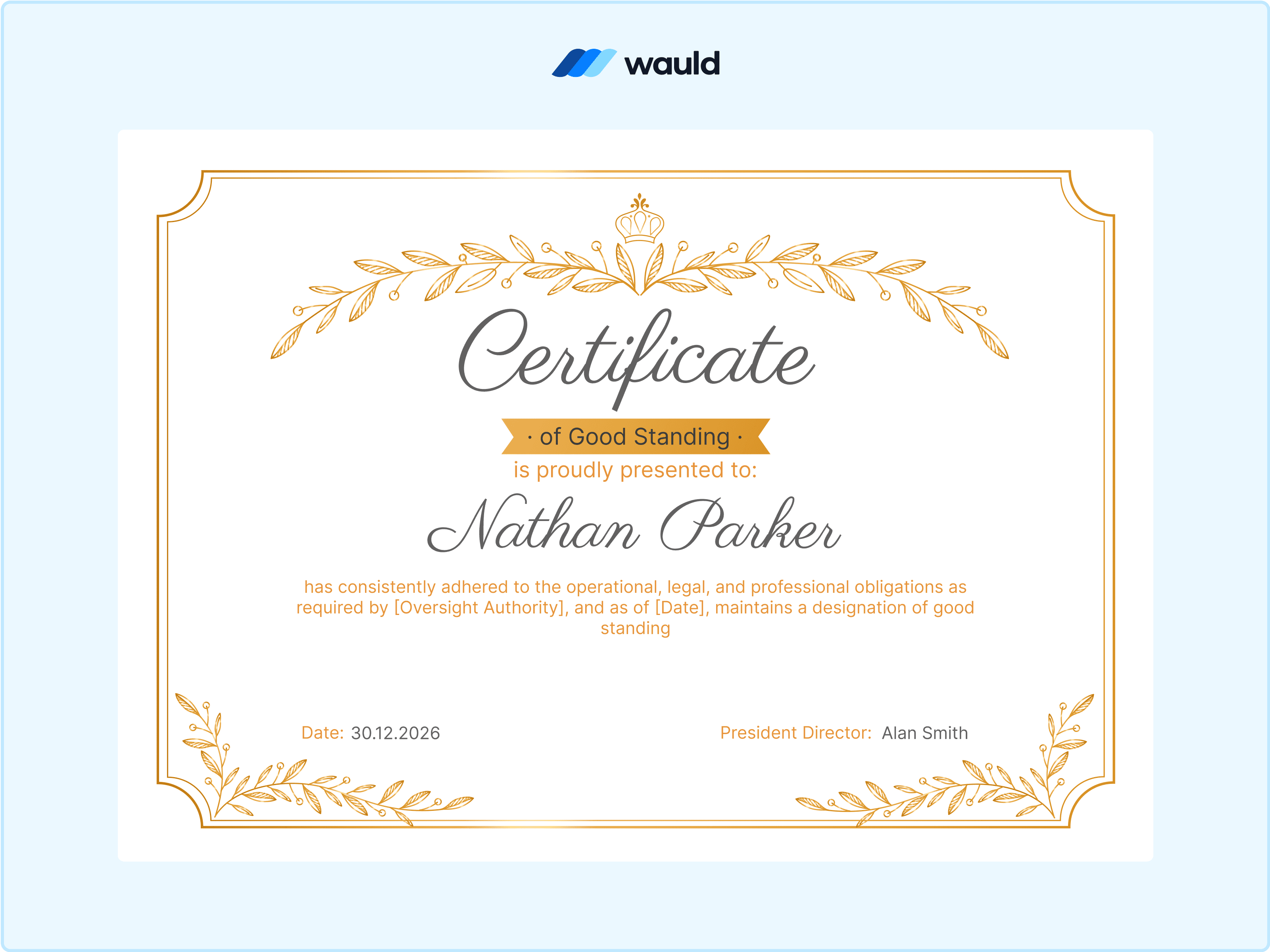 Wauld - Golden certificate of good standing template&nbsp;