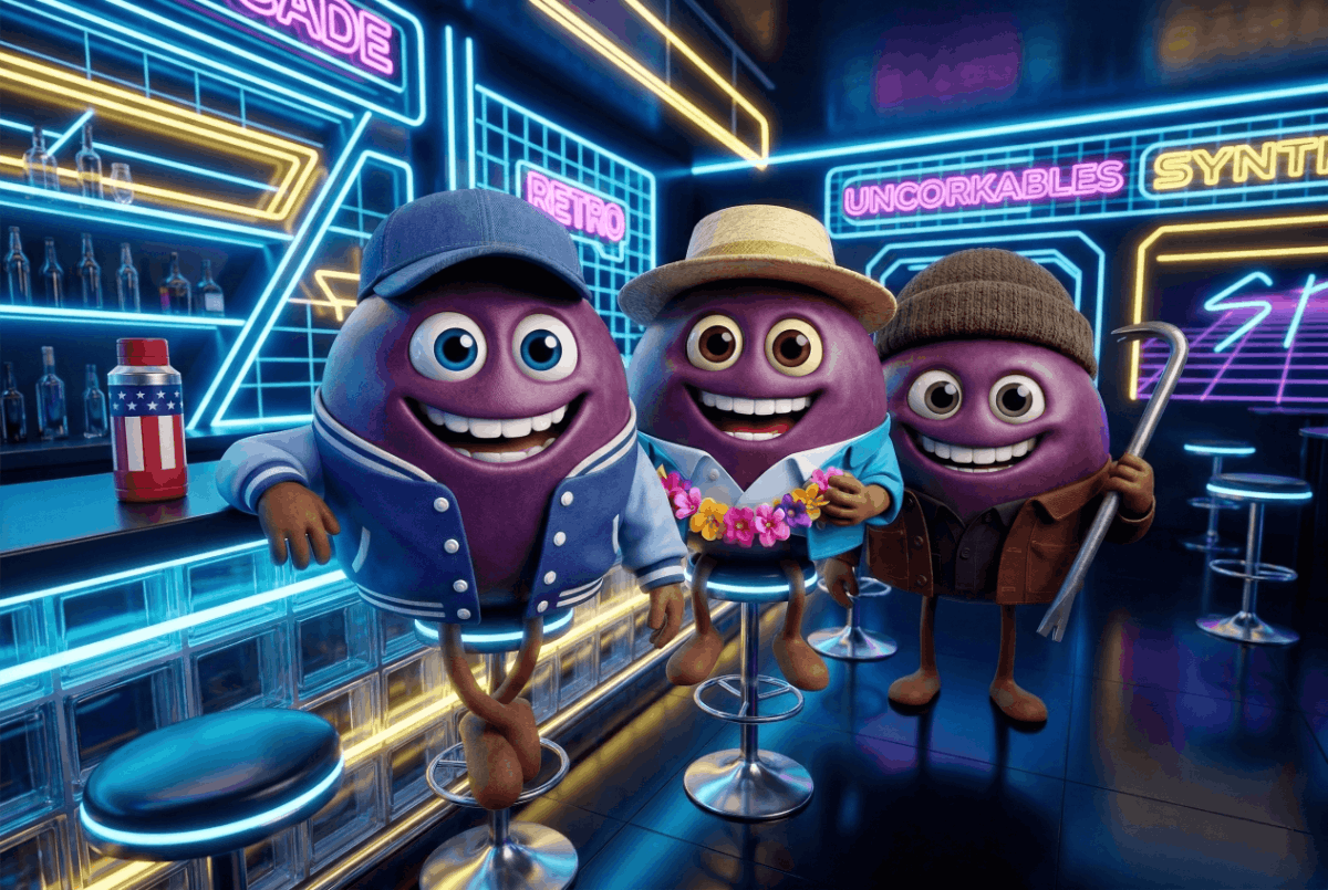 Uncorkables Hybrid Reds grape varieties in a group picture in a synthwave bar