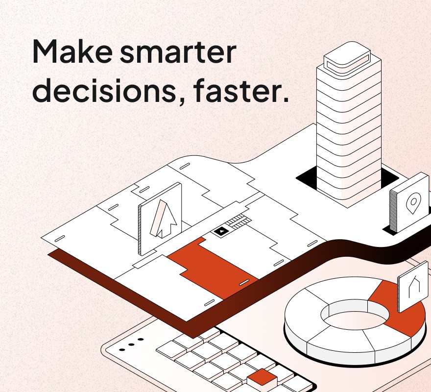 Abstract data visualization illustration with the tagline "Make smarter decisions, faster." shown.