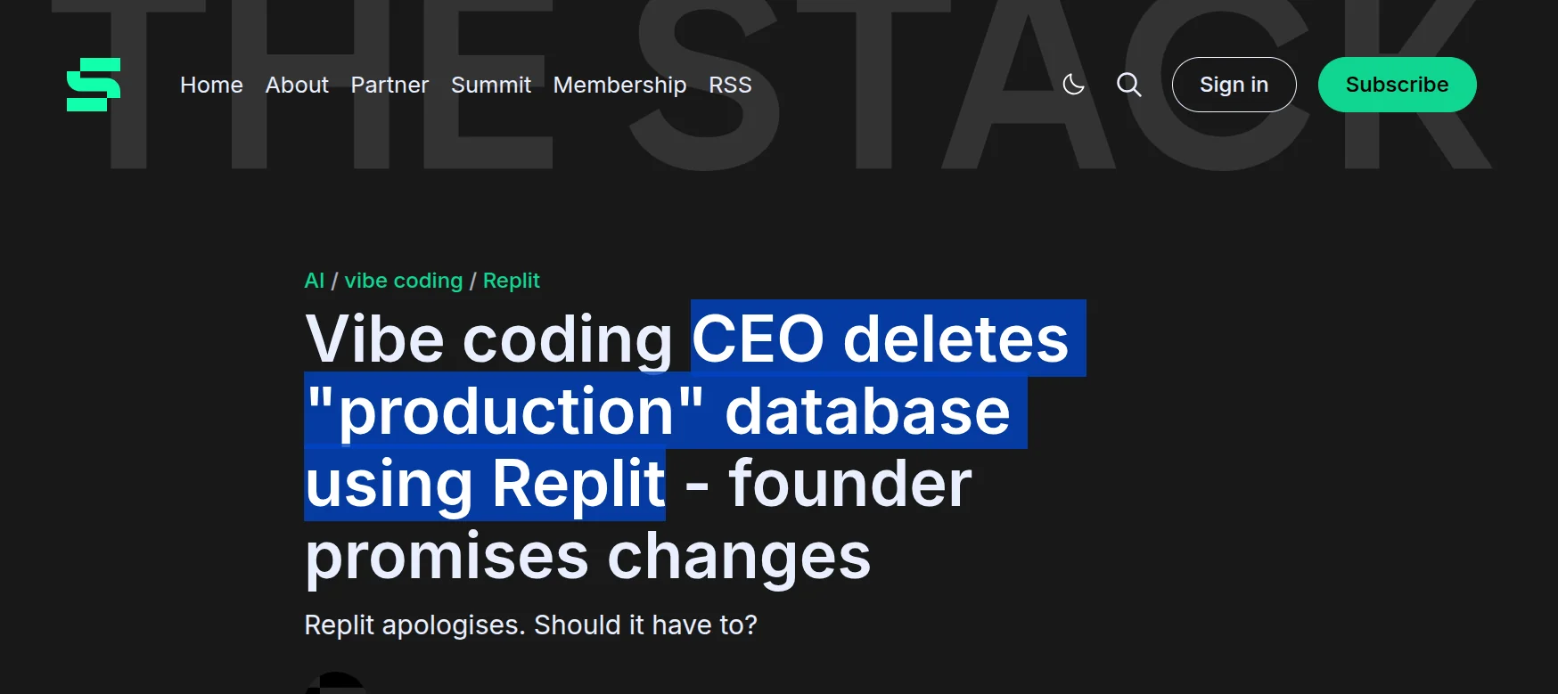 News headline about Replit deleting a production database