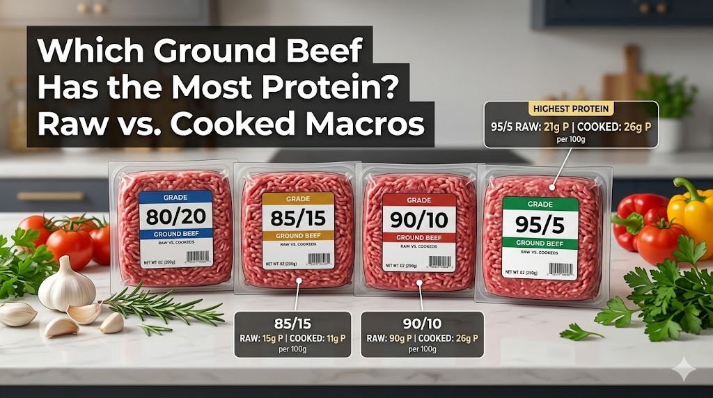 A nutrition-focused infographic comparing ground beef fat ratios (80/20, 85/15, 90/10, 95/5) with raw vs. cooked protein content callouts on a modern kitchen counter with garlic, tomatoes, and fresh herbs.