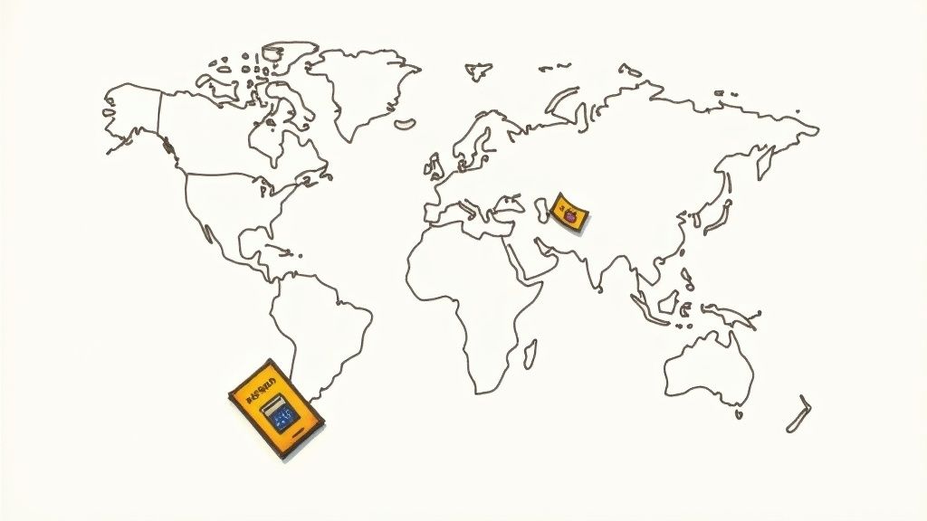 A person holding a globe with a small dog and cat sitting on top of it, representing international pet travel