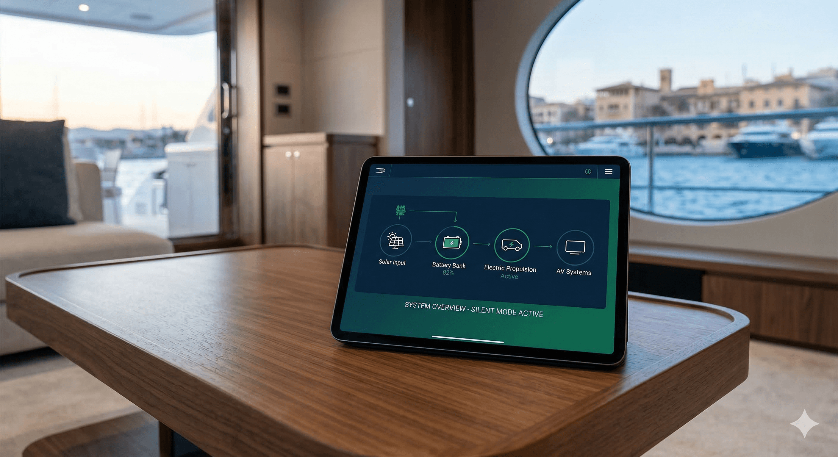 A high-end iPad Pro on a luxury yacht, displaying a sophisticated custom UI 'Energy Dashboard' with battery levels, hybrid engine power flow, and 'Silent Mode' activated. Targeted for Palma Boat Show keywords.
